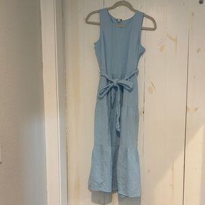 Blue cotton maxi dress with tie waist